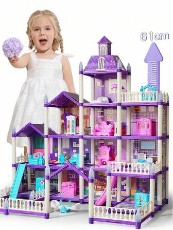 夜光紫色别墅娃娃屋套装（不含娃娃），男孩女孩过家家玩具，多房间家具DIY娃娃玩具套装，公主城堡玩具套装，女孩的圣诞节和新年礼物