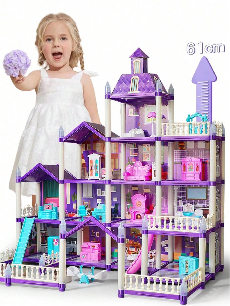 Lila Villa Puppenhaus-Set mit Leuchtfunktion (Puppe nicht enthalten), Spielhaus-Spielzeug für Jungen und Mädchen, Möbel-DIY Puppenspielset mit mehreren Räumen, Prinzessinnen-Schloss Spielzeug-Set, Weihnachts- und Neujahrsgeschenk für Mädchen