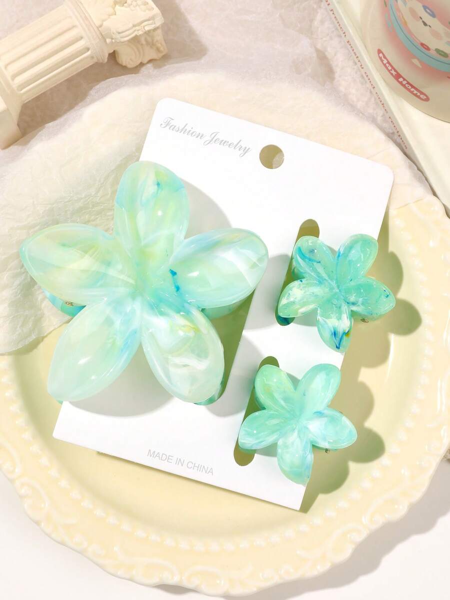 3 件套春夏波西米亚风格渐变绿色大理石图案装饰花发夹，适合海滩度假发夹爪夹发夹发夹发夹，休闲秋冬发饰，适合女士度假装扮