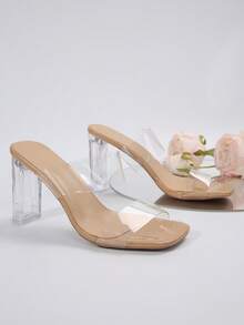 Women's Transparent PVC Sexy Elegant Crystal Heel Mules, Chunky High Heel, Open Toe Sandals, Summer - Apricot - View 5