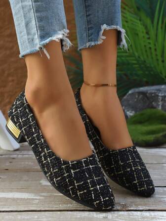 女士夏季格紋便鞋,韓國風格粗跟舒適鞋