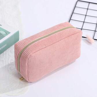Minimalist Corduroy Square Cosmetic Bag, Handheld Case With Large Capacity For Storage, Toiletry Pouchtravel Essentials Vacation Summer Holiday Back To School School Stuff Bag For School Travel Bag For Women Makeup Bag For Travel
