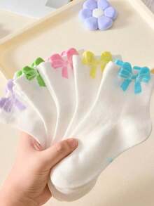 3 pares de calcetines de niña de media caña con diseño de lazo 3D en colores aleatorios y variados, adecuados para uso diario en todas las estaciones - Multicolor - Ver 4