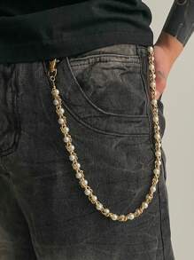 1 Stück Nische Mode Hip-Hop Personalisierte Faux Kunstperle umwickelte Jeansenkette, Taillenkette Accessoire für Männer, Mode Street Outfit Accessoire, Geschenk