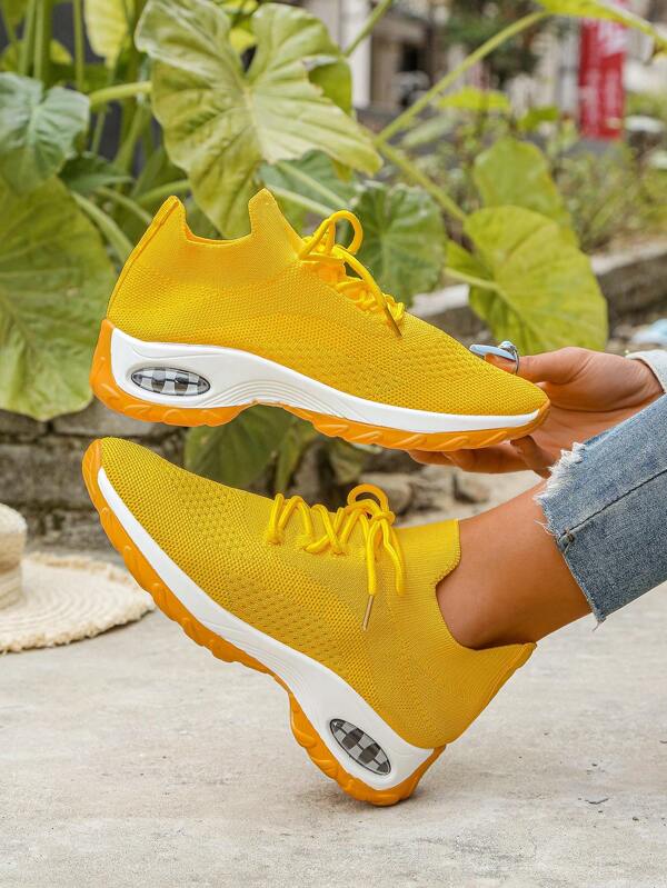 Women's Fashion European & American Style Thick-Soled Knitted Fabric Air Cushion Sole Shock Absorbing Casual Sneakers, Women's Fashion, Bohemian Style, Thick Sole, Knitted Fabric, Air Cushion Sole, Back To School Season, Shock Absorbing, Breathable, Height Increasing, Casual Sports Shoes, Suitable For All Seasons