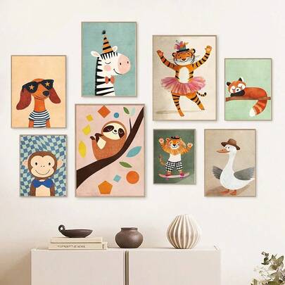 Plakat do pokoju dziecięcego Dżungla Boho Cartoon Cute Wall Art Prints Baby Kids Animal Prints Pokój dziecięcy Sypialnia Dekoracja Opcjonalna Rama
