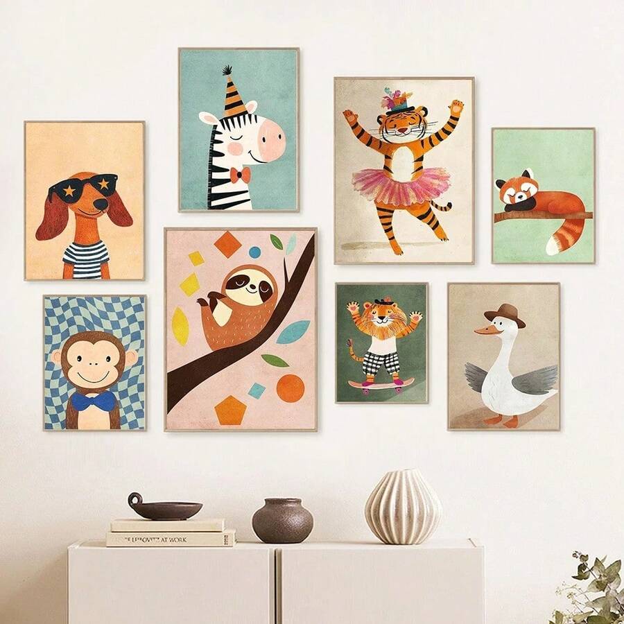 Plakat do pokoju dziecięcego Dżungla Boho Cartoon Cute Wall Art Prints Baby Kids Animal Prints Pokój dziecięcy Sypialnia Dekoracja Opcjonalna Rama