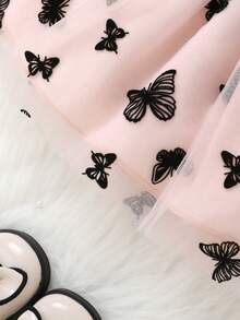 2pcs Set, Casual Elegant Sweet Cute Baby Girl Dress, Soft & Comfortable, Bow Decor Ruffle Hem Floral Embroidery Mesh Princess Dress & Headband Set, Baby Girl Clothing, Toddler Girl Outfit, Suitable For Daily Wear, Vacation, Party, Photography