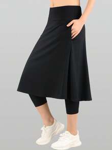 RUNONWHEELS 5 Women's High Waist Knee-Length Tennis Skorts With Pockets, 3/4 Length - Black - View 5