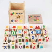 27pcs Wood Printed ABC Building Blocks, Upper Case Letters & Numbers Learning Blocks, Everyday Objects Cognitive Building Blocks, Stackable Educational Toy For Kids