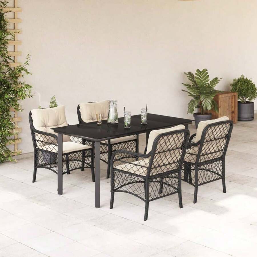 vidaXL Set da Pranzo da Giardino 5 pz Nero con Cuscini in Polyrattan - nero - Visualizzare 1