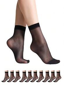 10 Pairs Women's Ankle High Sheer Socks For Women Nylon Socks Soft Tight Hosiery With Reinforced Toe - Black - View 13