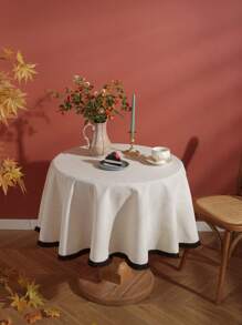 1pc Bamboo Knot Fringed Round Tablecloth, Linen Dust-Proof Design Suitable For Wedding, Holiday Party, Daily Home Use, Decorative Tabletop