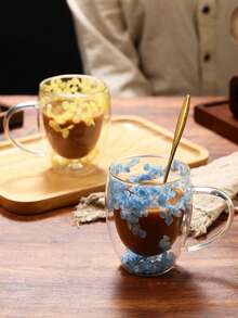 1pc Internet Celebrity Petal Quicksand Cup Highly Attractive Coffee Real Flower Double-Layer Glass Cup Creative Borosilicon Glass Cup, Valentine's Day, Thanksgiving, Christmas, Available When Receiving Guests At Home - Clear - View 8