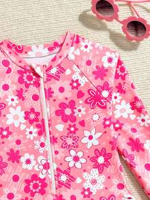 Traje de baño de una pieza con estampado floral y gorra para niñas, de manga larga - Rojo y blanco - Ver 4