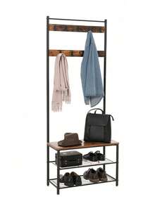 Coat Rack, Hallway Cabinet, Cloakroom, Clothes Rack, With Bench And Shoe Shelves, Hooks, Metal Frame, Height 175 Cm, Industrial Style, Rustic Brown And Black - Chocolate Brown - View 8