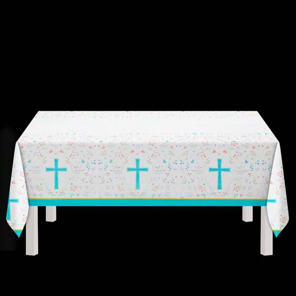 1pc First Communion Floral Cross Design Tablecloth For Celebration, Suitable For Birthday, Kitchen, Outdoor Party, Easy To Clean And Festive Decorations