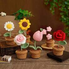 1pc Handmade Crocheted Potted Plant, Tulip/Sunflower/Heart Shaped Flower Desktop Decor, Knit Rose Flower, Forget-Me-Not Potted Plant Gift, Artificial Flowers Desktop Ornament, Party Favor