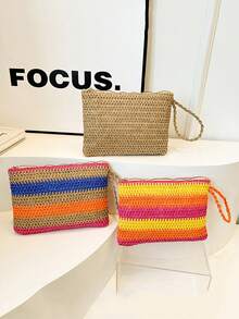 Modische gewebte Clutch Tasche, Strand Urlaubs Tasche, stylische Kuvert Handtasche für Frauen, Outdoor Lässig Tragetasche, Dokumenten Mappe, Mehrfachverwendbare bunte gewebte Rattan Kuvert Tasche für Frauen, Strandausrüstung, Sommer Damentasche, perfekt für Reisen, Urlaub, Ferien & Strand, Sommer Stroh Strandtasche für Frauen, Urlaubsutensilien, perfekt kombinierbar mit Strandaccessoires für Damen