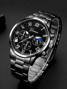 2 件时尚商务绅士圆形男士黑色钢表带石英手表，搭配链条锆石钻石手链组合套装，精美礼品套装，适合节日、派对、商务和日常佩戴