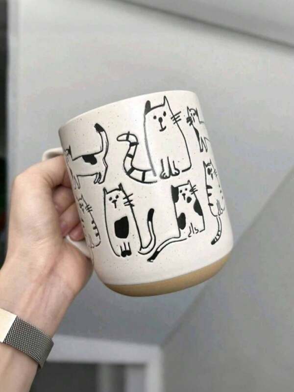 Handpainted Ceramic Mug With Adorable Multi-Cat Pattern, Suitable For Breakfast, Oatmeal, Couples, Microwave Safe Back To School