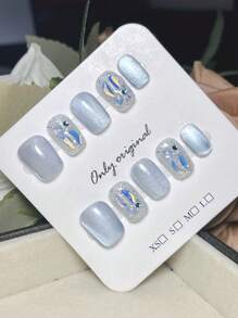 10PCS Blue Press On Nails, CoffinNails, Short Nails, Summer Nails, Cute Cat Eating Fish High-End Hand-Painted Nails, Nail Supplies ,Home DIY Nail Design Full Coverage Fake Nail Tips Artificial Fingernails For Women And Girls Manicure Supplies Office Daily Wear False Nails Purely Hand-Made Nails