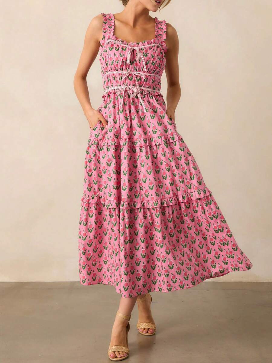 Women Summer Boho Tie Shoulder Dress Y2k Floral Smocked Flowy Long Dress Ruffle Tiered Beach Vocation Sundress - 粉色 - 查看 1
