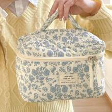 3 PiecesMakeup Bag Quilted Makeup Bag Silk Ribbon Makeup Bag Set Flower Travel Washbag - Blue - View 6
