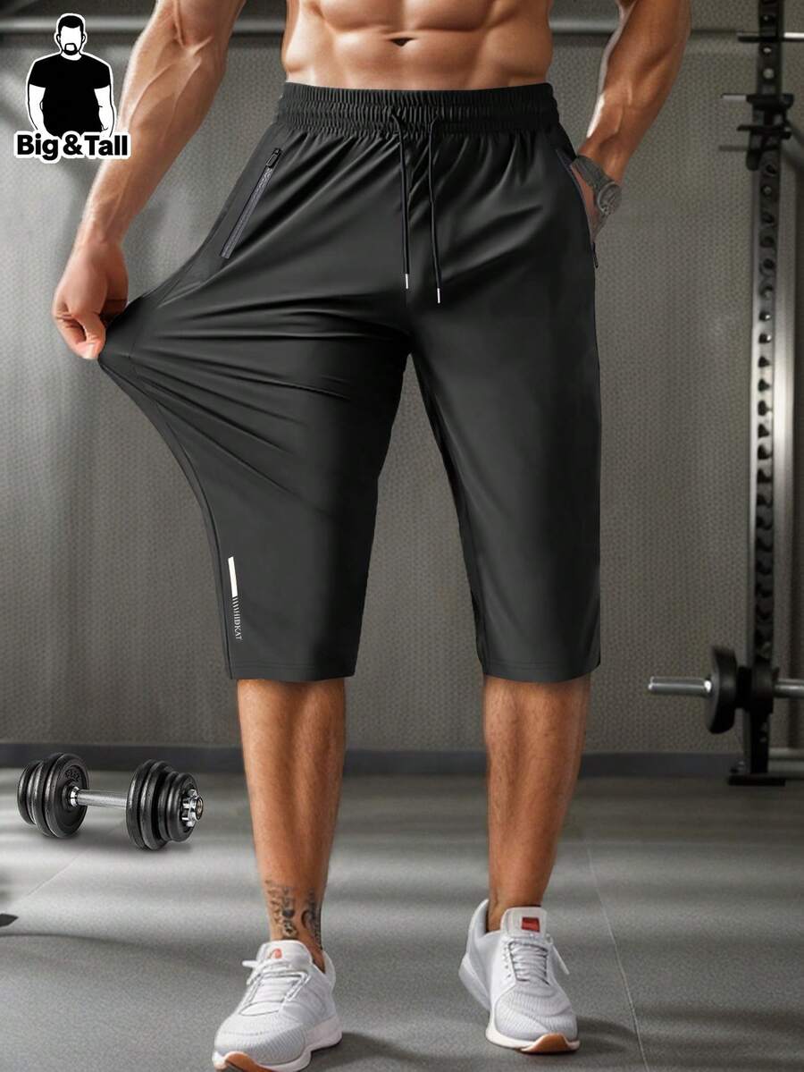 Quần dài đến bắp chân dành cho nam cỡ lớn, chất liệu co giãn cao, thoáng khí, có dây rút ở eo và túi khóa kéo, thích hợp cho tập gym, chạy bộ, mặc thường ngày, màu đen phản quang.