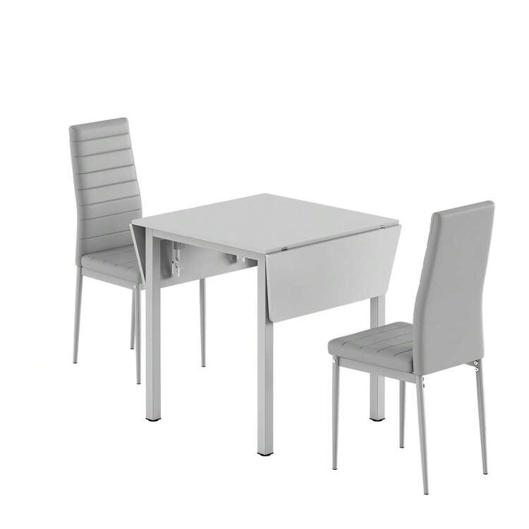 Dining Table And Chairs Set Of 2, Drop Leaf Folding Grey Kitchen Table With Grey PU Leather High Back Chair For Dining Room, Kitchen - Gray Table + 2 Gray Chairs - View 10