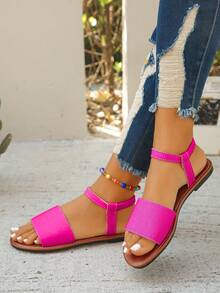 Plus Size 35-43 Retro Simple Slip-On Sandals With Elastic Band, Summer New Daily Wear Open Toe Strap Fuchsia Cloth Flat Sandals, European & American Style - Hot Pink - View 3