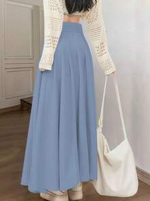Flowy & Crisp Sky Blue Solid Color Maxi Dress For Women, Pleated Flared Skirt With Pockets, Versatile For Commute, Date, Casual Wear
