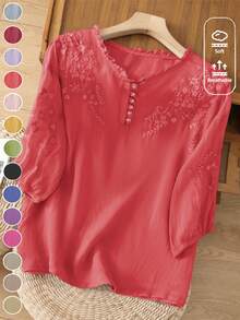 Women's Spring/Summer Viscose Embroidery Lightweight Loose Retro Mid-Sleeve Blouse - Red - View 4