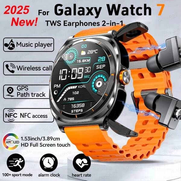 GUHUAVMI 2025 New TWS Earphones Smartwatch 2-In-1, 1.53'' HD Screen, HiFi Sound Effects, Built In Earbud, Wireless Call, NFC Smart Watch, Fitness Tracker With Pedometer, Heart Rate Sleep Monitor Smartwatch, Sports Music Watch, Compatible With IOS And Android, Suitable Compatible With Galaxy Watch 7 Ultra