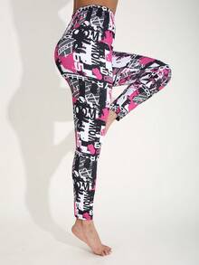 Women's Casual Fashion Black Leggings With Pink Tie-Dye Letter Print, Stretchy Skinny Pants For Fitness Training, Yoga, Home, Outdoor Activities, Hiking, Camping, Travel - Black and Red - View 6