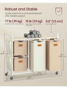 Laundry Hamper With 4 Compartments, 150 L Laundry Sorter, Rolling Laundry Cart With Shelves, Removable Liners, 6 Labels, Camel Brown And Cream - Camel - View 6