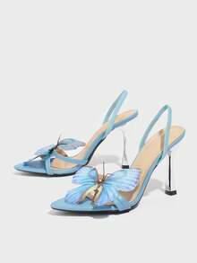 女士高跟凉鞋，春夏时尚高端优雅尖头细高跟鞋，带有 3D 彩虹蝴蝶装饰，舒适材质，性感赤脚绑带，适合户外、派对、T 台，优雅简约神秘清新朦胧蓝色