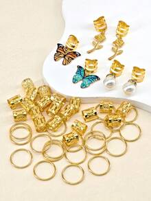 46 件玫瑰蝴蝶辫子夹水晶辫子发饰彩色蝴蝶吊坠饰珍珠闪亮发饰星形辫子珠夹袖口环发饰礼物 - 金色 - 查看 3