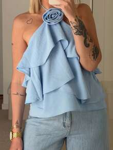 Women Tank Tops Solid Color 3D Flower Ruffles Tie-Up Halter Neck Casual Vests Summer Backless Sleeveless Tops Streetwear - 藍色 - 查看 5