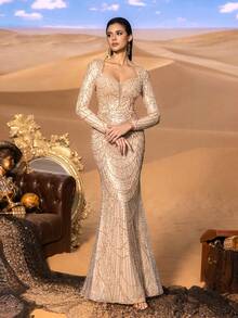 Faeriesty Haute Glamour Elegant Glamorous Beaded Mermaid Gown With Sweetheart Neckline & Pearls Detail – Long-Sleeved Sheer Fabric Design For Luxury Gala Events & Red Carpet Glamour