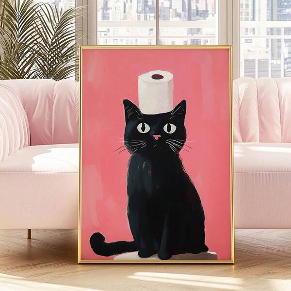 Baja la tapa del inodoro, el gato negro es tu decoración de baño. Nuevo adorno para el hogar, regalo para amantes de los gatos, divertido y lindo póster con gato negro asomando, sin marco