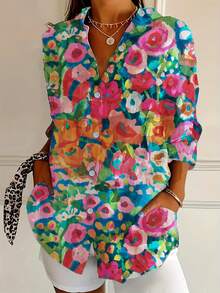 ii Plus Size Floral Print Button Down Shirt Casual Blouse Tops - Multicolor - View 1