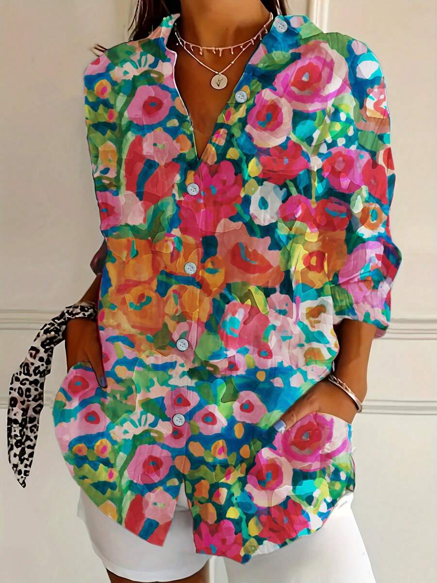 ii Plus Size Floral Print Button Down Shirt Casual Blouse Tops - Multicolor - View 1