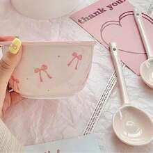 6 件套可爱蝴蝶结陶瓷餐具套装（2 个碗、2 个盘子、2 个勺子）、麦片/燕麦片碗、早餐盘，适合返校、节日礼物、居家/餐厅/派对使用，可微波炉加热