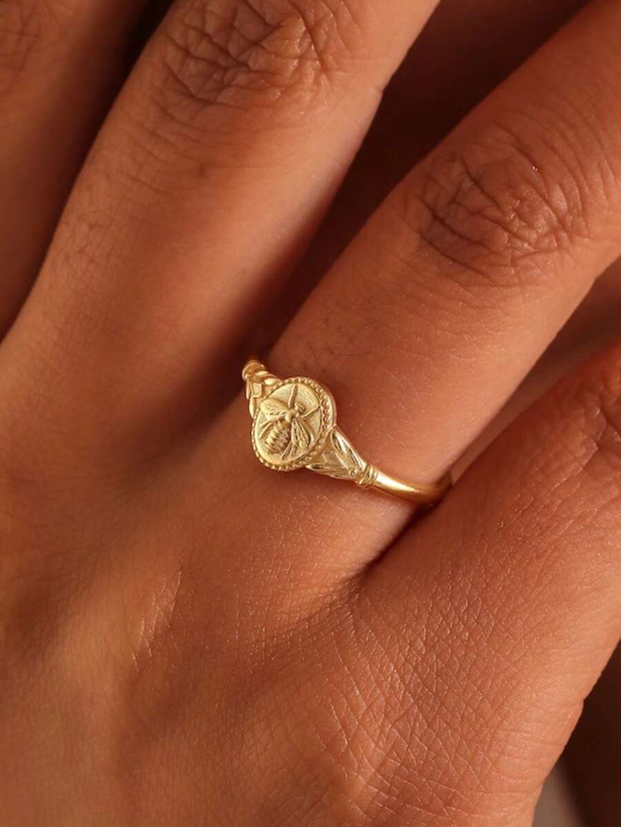 1pc Vintage Bee Design Gold-Tone Plated Knuckle/Midi Ring, Fashionable Unique Small Jewelry For Women, Suitable For Daily Wear - Bee Ring - View 1