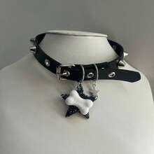 Leather Choker Collar Necklace For Women, Cute Bone Gothic Punk Rock Choker Collar (Black) Adjustable PU Leather-Romance - 黑色 - 查看 1