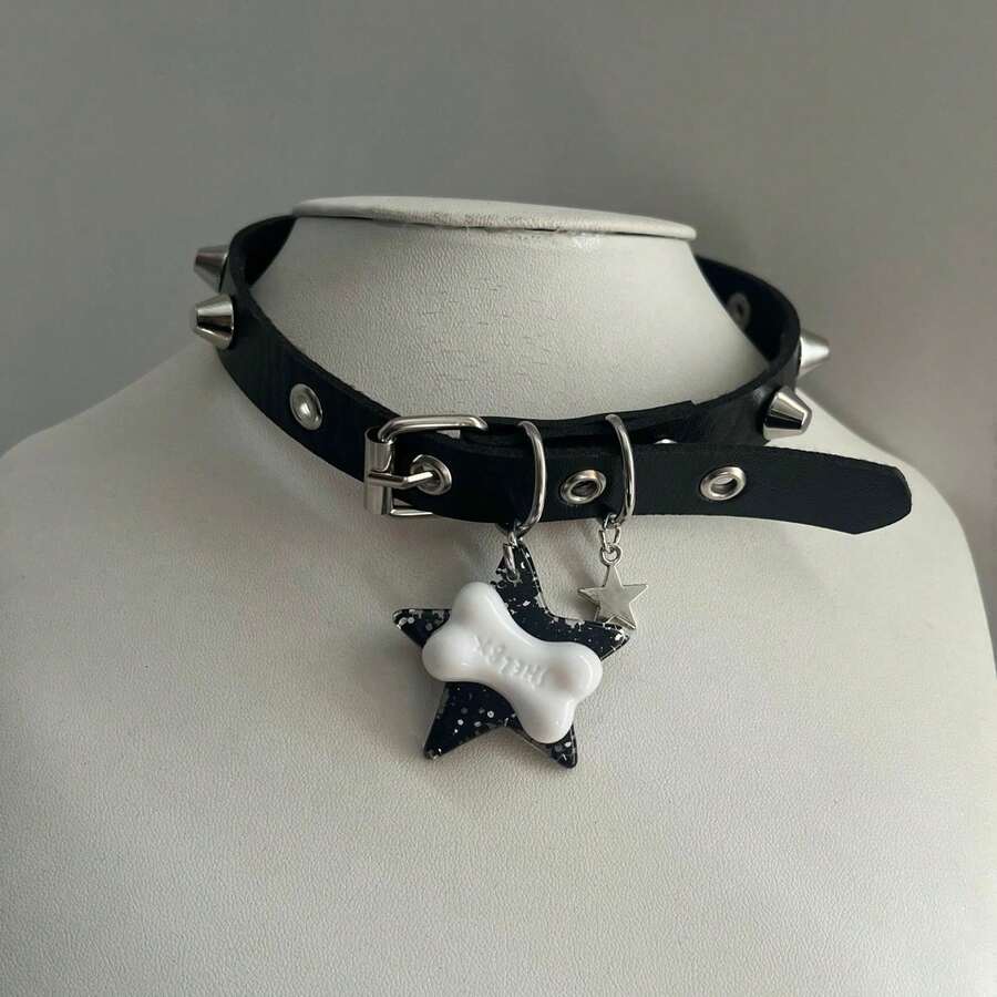 Leather Choker Collar Necklace For Women, Cute Bone Gothic Punk Rock Choker Collar (Black) Adjustable PU Leather-Romance - 黑色 - 查看 1