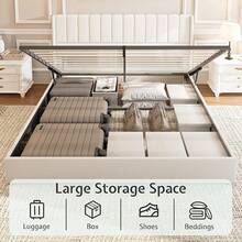 Queen/King Size Lift Up Storage Bed Frame, Linen Upholstered Platform Bed With Vertical Channel Tufted Wingback Headboard, Hydraulic System Design And Wood Slats Support, No Box Spring Needed, Elegant Bedroom Furniture, White - White - View 6