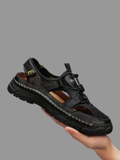 Sandalias cosidas a mano para hombre - Zapatos casuales de punta cerrada, con malla transpirable - Zapatos de senderismo de verano antideslizantes con suelas de goma, malla transpirable y cordón ajustable. Negro, caqui o blanco - Perfectos para aventuras al aire libre casual, zapatos de verano transpirables | Estilo casual tipo pescador | Suelas de goma