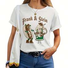 Camiseta de mujer para el Festival de la Cerveza Oktoberfest de Frank & Stein, estilo alemán bávaro, de algodón de 220g, cuello redondo gruesa y suave, de manga corta con estampado, estilo retro estético, suelta, adecuada para verano, viajes, uso diario, trabajo o relajación, para chicas y mujeres - Blanco - Ver 1